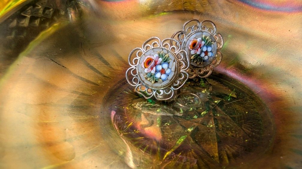 Vintage Italian Micro Mosaic Earrings – Floral Screw Back, Handmade Glass Tesserae, Mid Century Jewelry