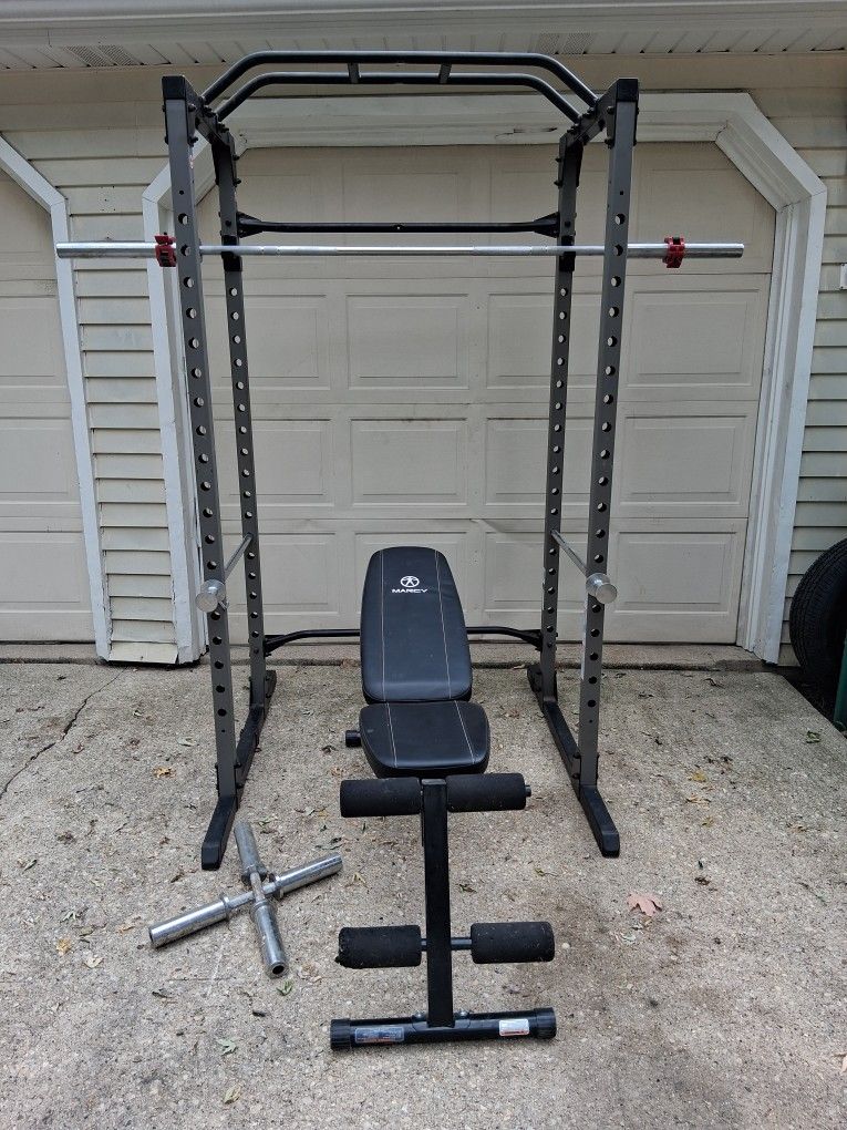 Squat Rack, Bench, Bar, Dumbbells