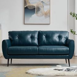 61" Small Loveseat Couches for Living Room Blue Leather Couch Mid Century Modern Tufted Mini Sofa Comfy Office 2 Seat Settee Love Seat for Small Space