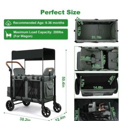 Vomeast Wagon Stroller for 2 Kids, 3-in-1 Wagon Stroller with Canopy, 5-Point Harness, Adjustable Handlebars, Removable Seat for Toddlers, Grey