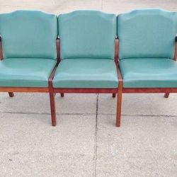 Teal Vinyl Scroll Arm 3 Seat Classic Lebon Office Furniture Waiting Room Bench Sofa