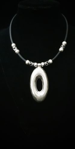 18" Handcrafted Soild Rubber Cord Statement Necklace w Large Solid Sterling Silver Pendant & Beads, signed