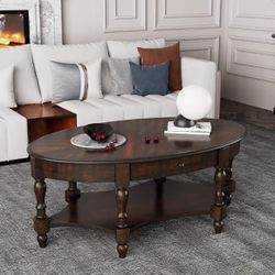 Oval Coffee Table for Living Room, 2-Tier Solid Wood Coffee Table with Storage Drawer, Dark walnut  E-1