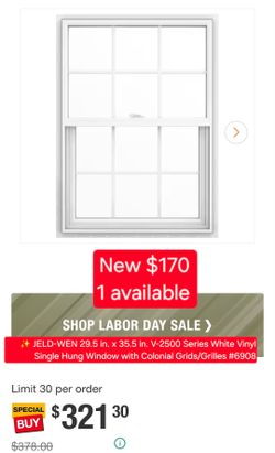 ✨️ JELD-WEN 29.5 in. x 35.5 in. V-2500 Series White Vinyl Single Hung Window with Colonial Grids/Grilles #6908