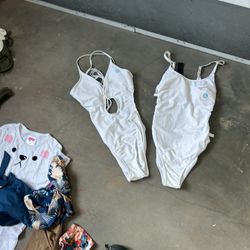 2 White One-Piece Swimsuits - Cutout Tie-tFront & Classic Style w/ M Logo