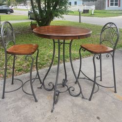Wood Top Pub Table on Metal Base, Two Matching Stools