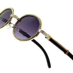 Sunglasses Oval Gold Frame Black Lens Rhinestone Diamond Classic Retro Shades Fashion Street Wear