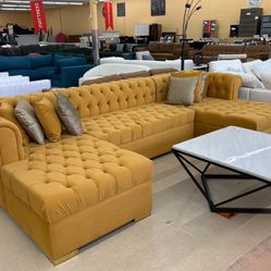 MEGA SALE 🫠❤️ Mustard Double Chaise Tufted Sectional 🫨🥰 No Interest Finance 😉🥰😘😍😇