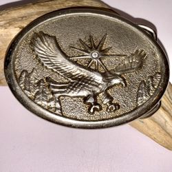 Vintage Oval Flying Eagle Metal Belt Buckle Mountains Sun Western 3.25" x 2.5"
