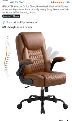 Leather Office Chair, Home Desk Chair with Flip-up Arms and Ergonomic Back - Comfy Heavy Duty Executive Chair for Home Office Gaming, Brown