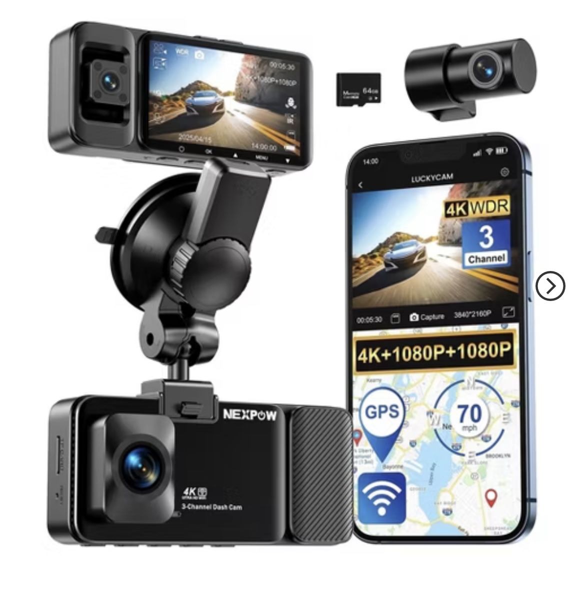 NEXPOW 3 Channel 5G WiFi Dash Cam Front Rear Cabin, 4K+1080P+1080P GPS Dash Camera for Car with 64GB Card