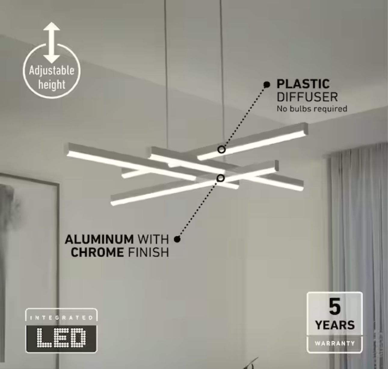 Modern 5 CCT Integrated LED Chrome Pendant Light Fixture for Dining Room or Kitchen
