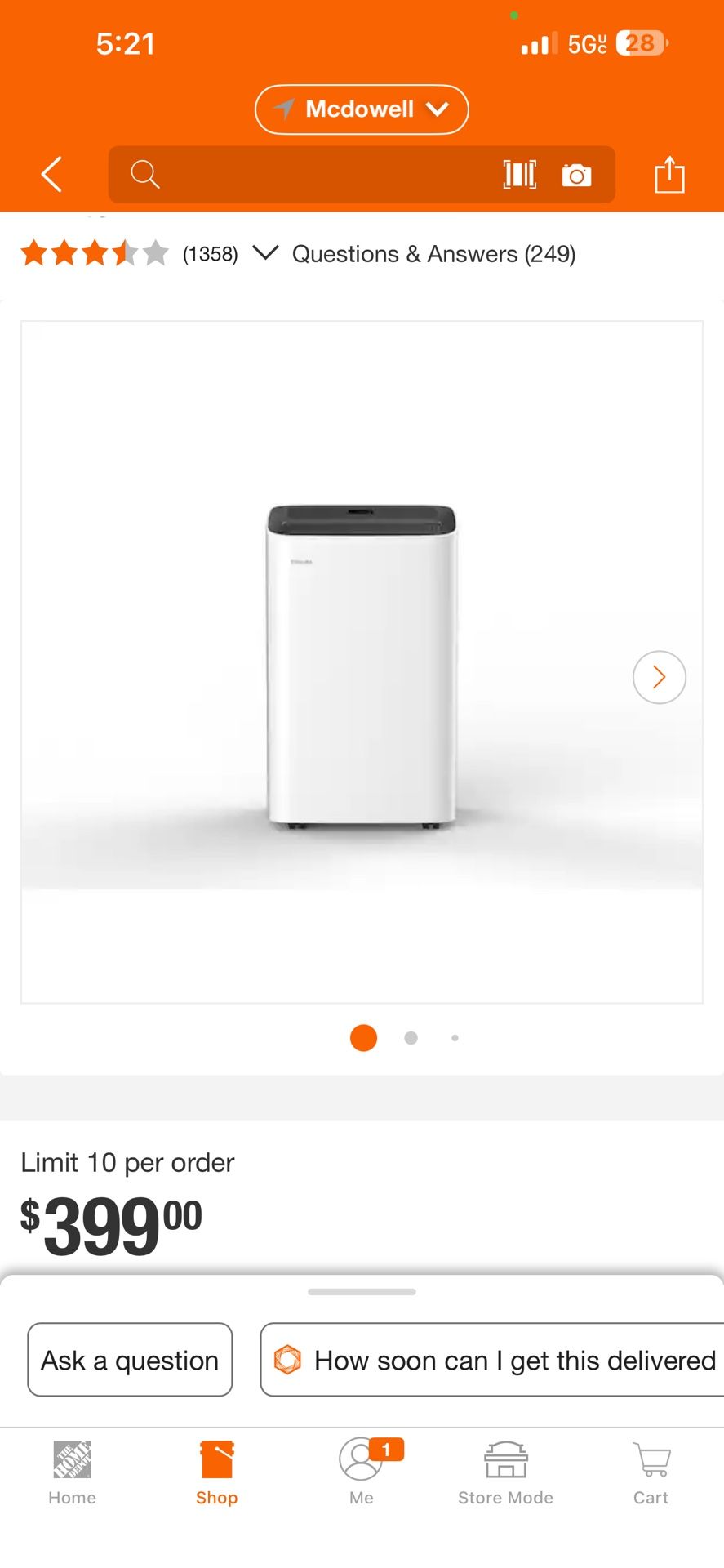 Toshiba 8,000 (DOE) BTU Portable Air Conditioner Cools 350 sq. ft. with Dehumidifier and Remote Control in White