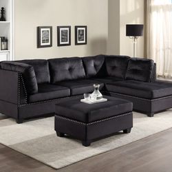 Sienna - Black Velvet Sectional + Ottoman Set fast delivery