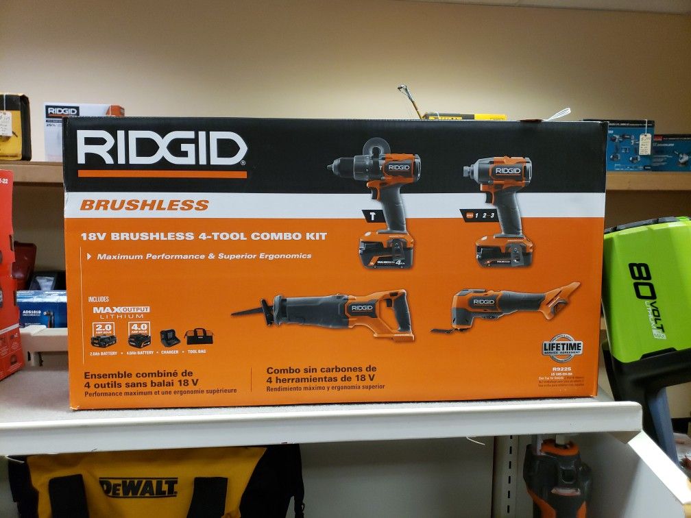 NEW Ridgid 18 Volt Brushless 4 Tool Combo Kit R9225 Drill, Sawzall