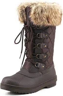 NEW SZ 5.5 Women Insulated Winter Snow Boots Mid-Calf Lace Up Oxford Fabric BROWN