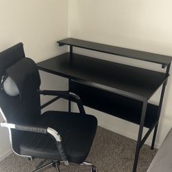 Black Desk and Ribbed Office Chair