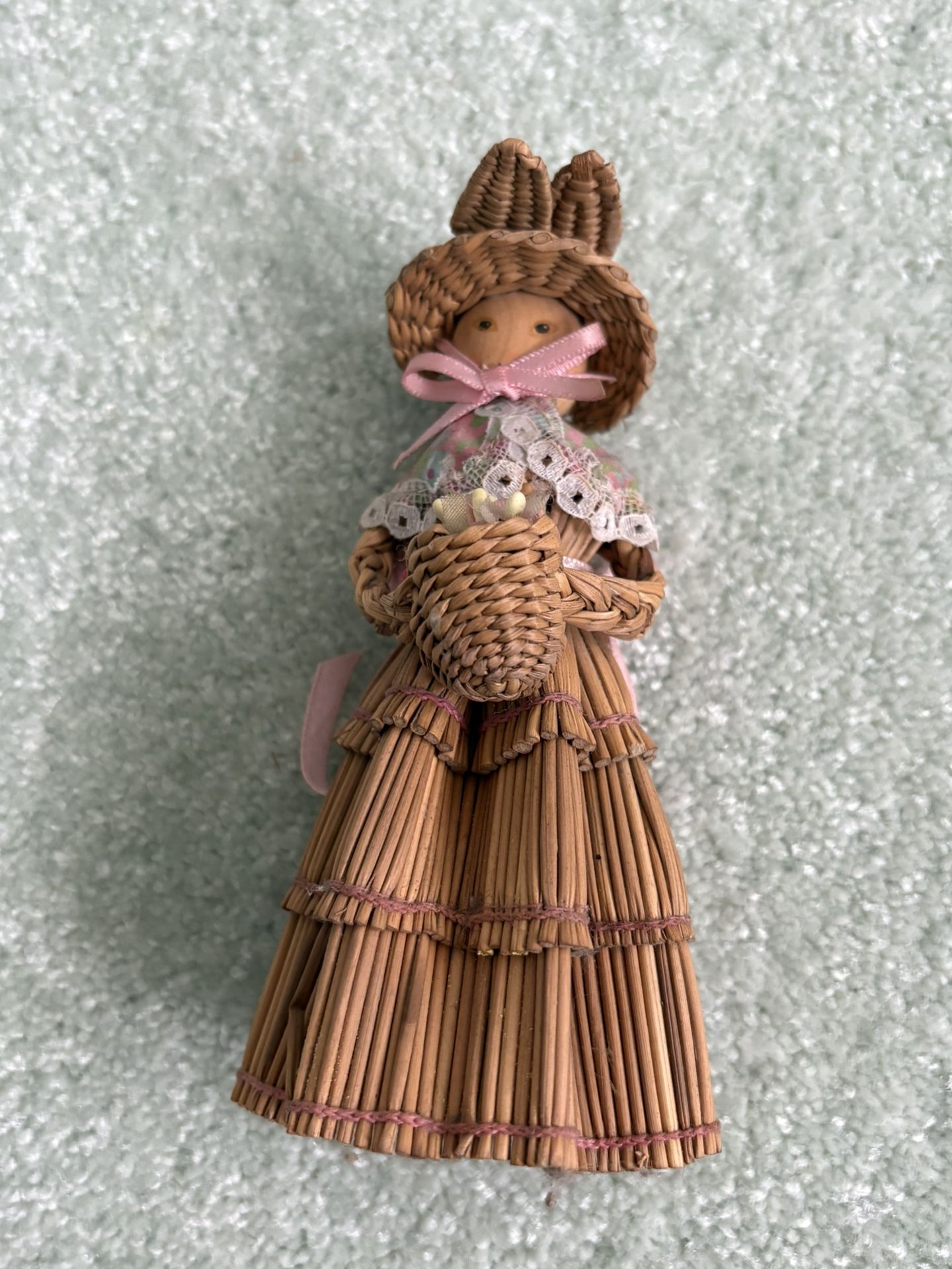 Vintage Broomstraw, Wicker, Wood Lady Figurine, Sculpture, Doll