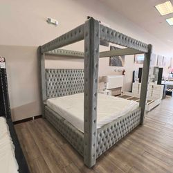 Gray King canopy bed ( Mattress not included )