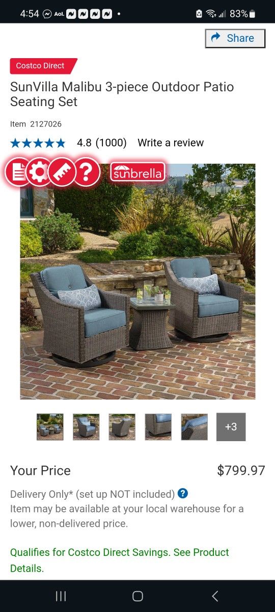SunVilla Malibu 3-piece Outdoor Patio Seating Set $500