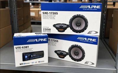 Alpine 440 Watt Speaker + Stereo Bundle Bluetooth Single Din USB Am Fm 2-Sets 6.5" 2-Way Coaxial System UTE-63BT SXE-1726S Package