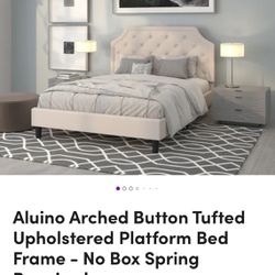 Beige Aluino Arched Button Tufted Upholstered Platform Queen Bed Frame - No Box Spring Required 