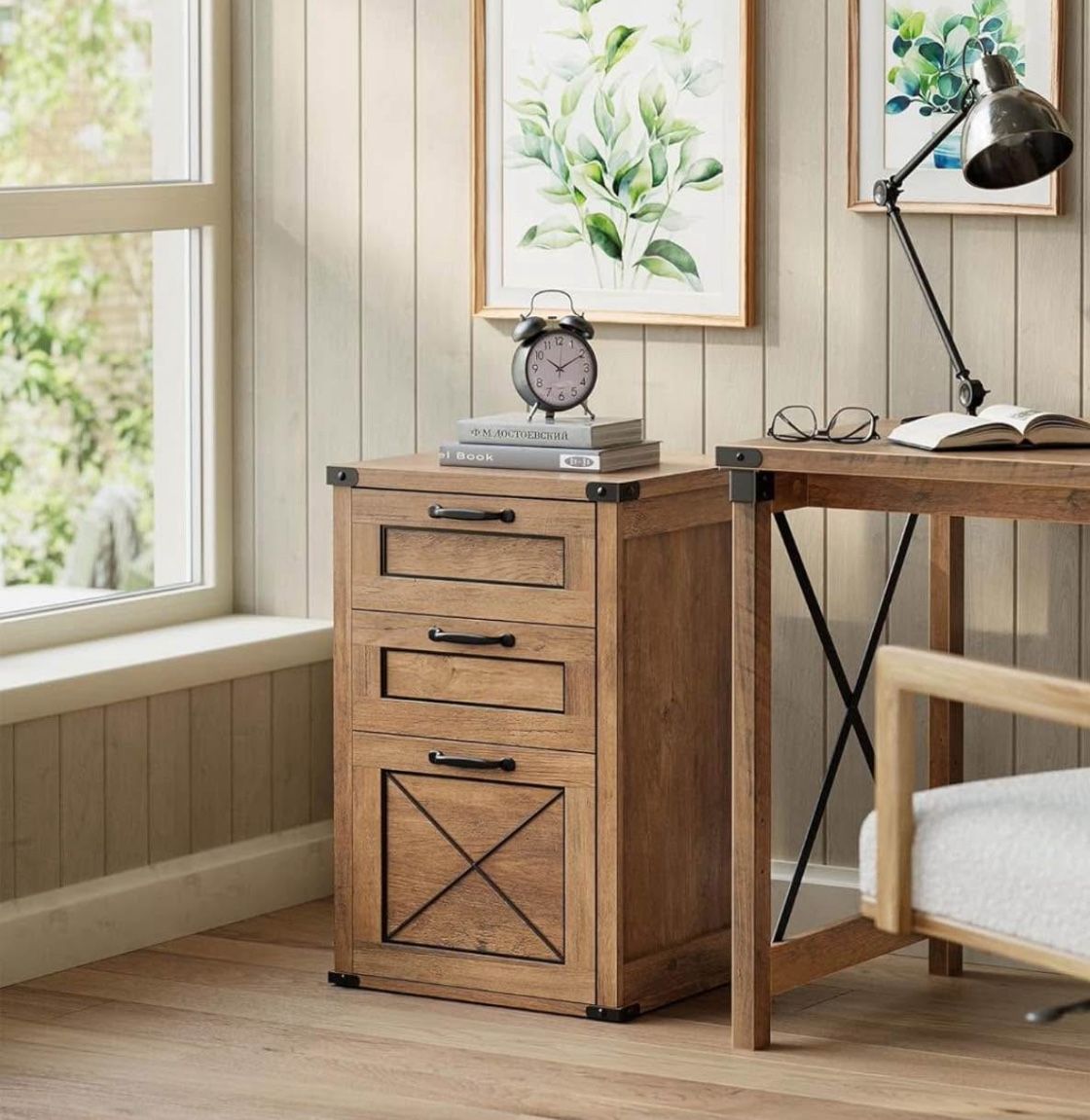 File Cabinet, Filing Cabinet with 3 Drawers, Printer Stand, Fit A4, Letter Size, Hanging File Folders, Modern Farmhouse Style, for Home Office, Honey 