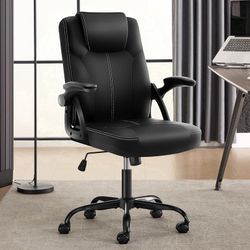 Executive Office Chair, Ergonomic PU Leather Computer Chairs, Executive Breathable Desk Chair with Padded Flip-Up Arms, 360 ° Swivel Rolling Chair Com