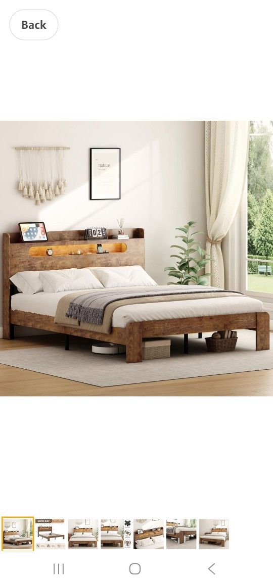 Decoholic Queen Size Wooden Bed Frame, Storage Headboard with Charging Station & Led Lights, Solid and Stable, Noise Free,Rustic Farmhouse Sturdy Fram