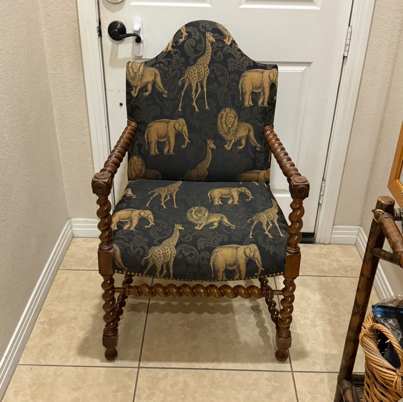 Vintage Barley Twist Accent Chair • Safari Animal Print Upholstery