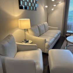 Bassett Genuine Leather White Couch, Chair, and Ottoman