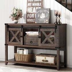 46'' Large Farmhouse Entryway Table w/Sliding Barn Doors, Industrial Rustic Console Table Sofa Side Table with Storage Drawer for Hallway, Living Room