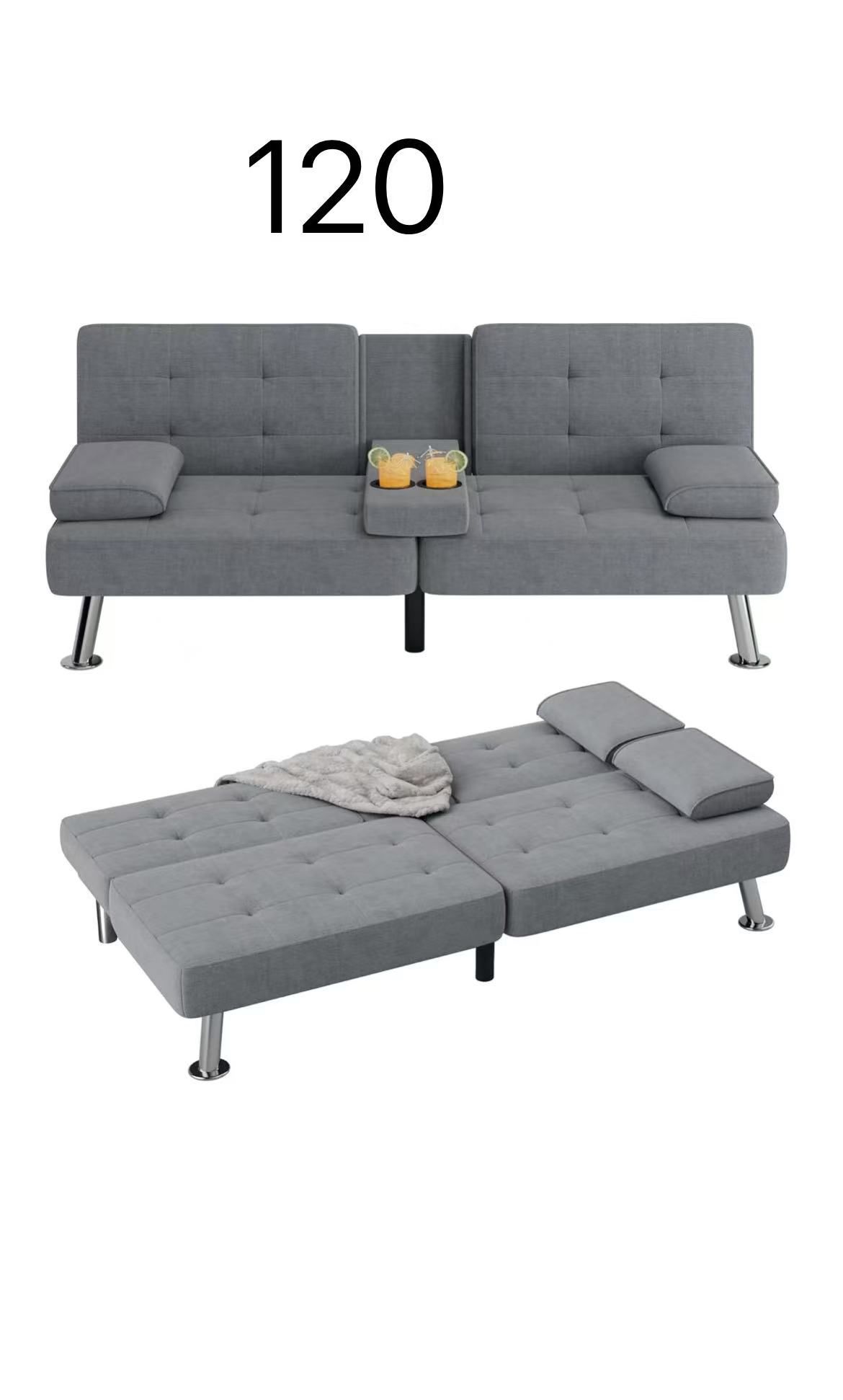 🔥Futon Sofa Bed Modern Folding Futon Set Linen Fabric Convertible Recliner Lounge for Living Room with 2 Cup Holders, Removable Armrests (Fabric, Gre