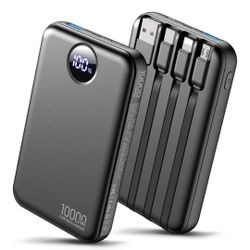 Portable Charger 10000mAh Power Bank with 4 Built-in Cables,LED Display Compact and Battery Pack with Multiple USB Ports All-in-One Travel Charger for
