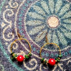 Red Turquoise Bead Dangled Earrings With Gemestones 
