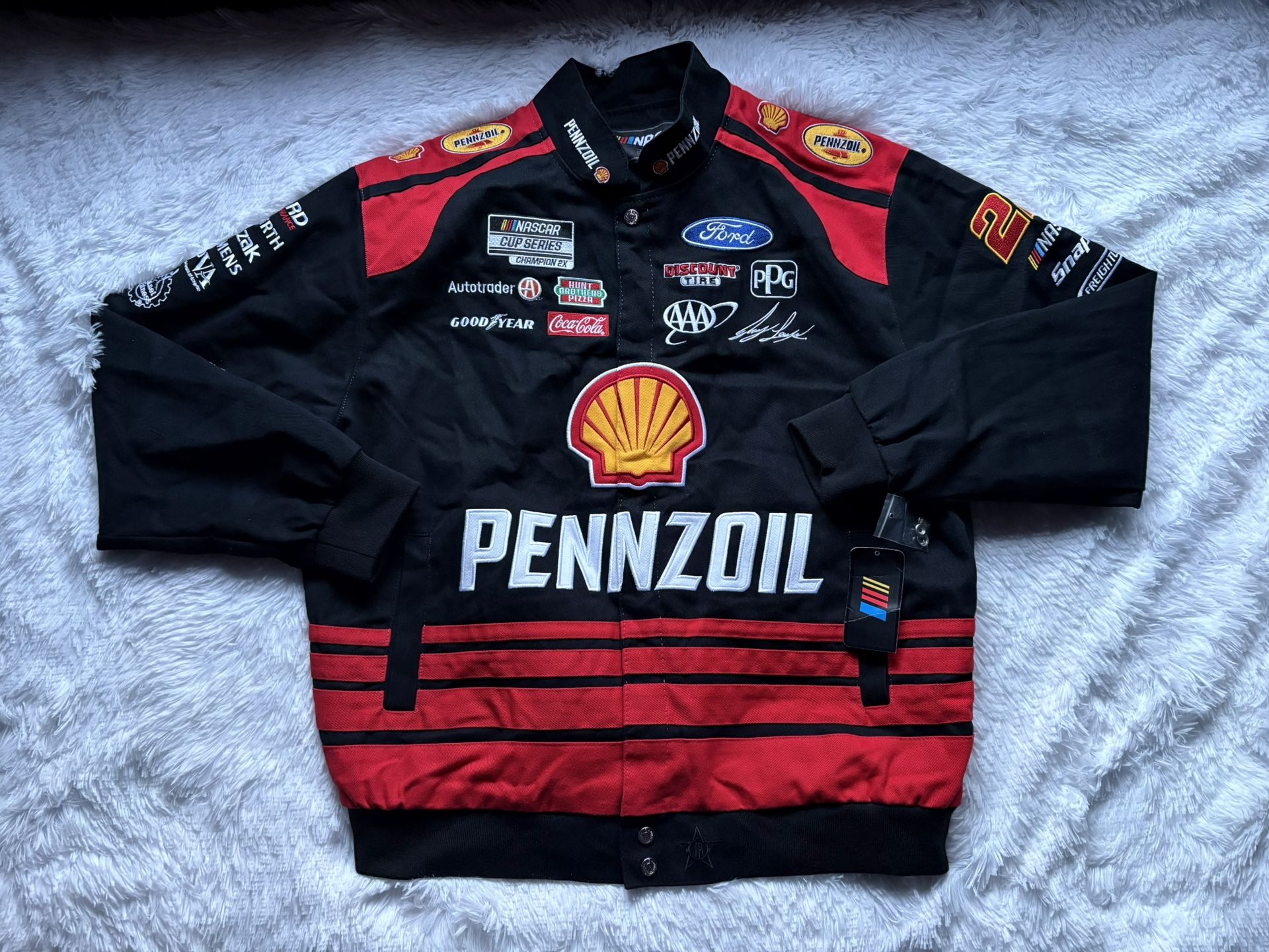 New Nascar JH Design Joey Logano #22 Pennzoil Mens Size XL Racing Jacket Black Red