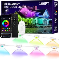 KSIPZE 100ft Permanent Outdoor Lights Waterproof IP67, Smart RGB+IC Eaves LED Lights with App & Button Control, 200+ Dynamic Scene Modes for House Roo