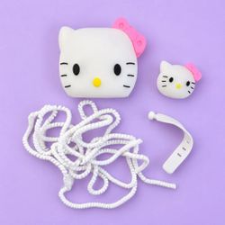Kawaii Kitty Cat Earbud Case Cover Cable Cord Protector Sleeve Pink Bow Set NEW
