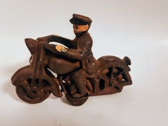 Rare Vintage Antique Cast Iron Motorcycle Figurine Biker Rider Statue Heavy Metal Rustic Patina Collectible Décor Hurley Davidson