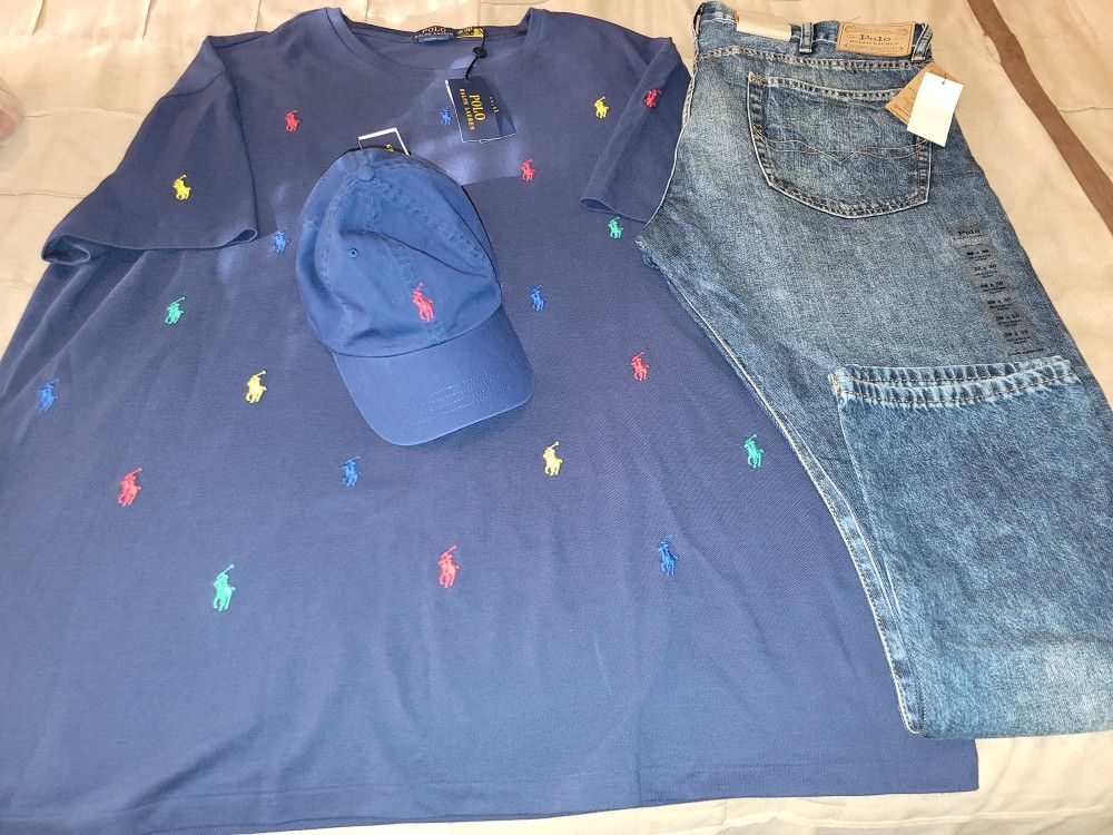 XXL Navy Multi-pony POLO tshirt. Navy Polo Cap One Size. Blue Polo Jeans 38x30.