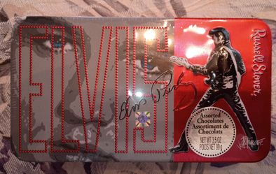 Unique Elvis Presley Russell Stover Tin with hinged lid!