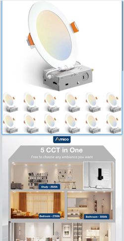 Amico 12 Pack 6 Inch LED Recessed Lighting, Canless Wafer Downlight, White 5CCT 2700K-5000K, 5%-100% Dimmable, Ultra-thin, Metal housing, 1050LM 12W 1