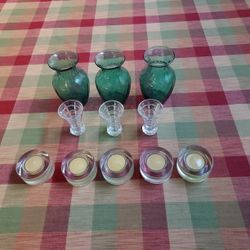 5 Votive Holders, 3 Crytal Bud Vases, 3 Green Swirled Glass Vases