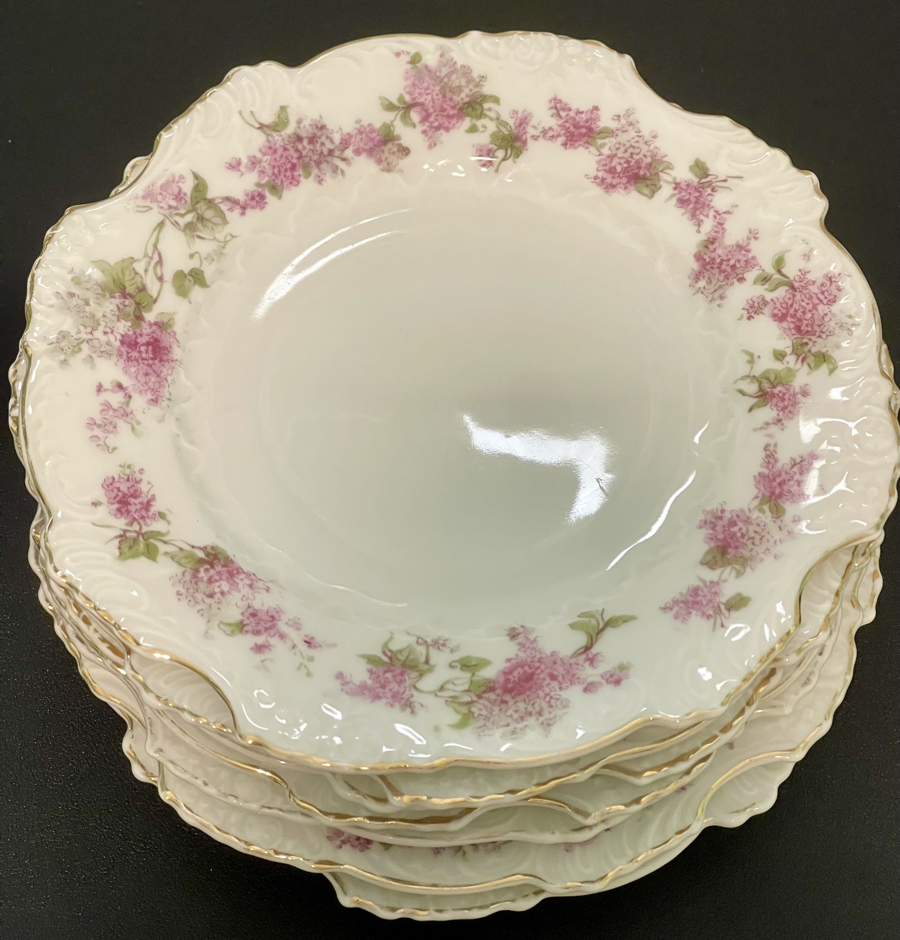 Hermann Ohme Germany Antique 1880’s 7 Bone China EGLANTINE Floral Plates