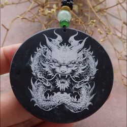 103149 VS Certified Jadeite Black Myanmar Burmese Laser Engraving Vigorous Dragon 