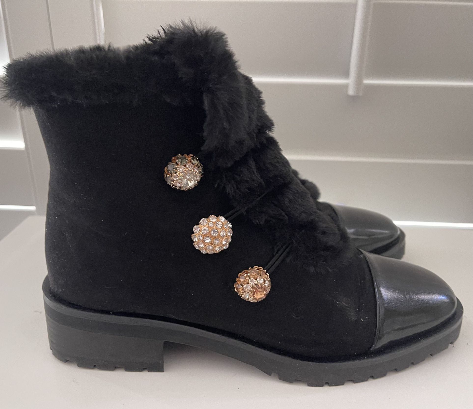 Faux Fur Black Ankle Boots - Size 8