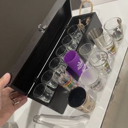 New 21 Pcs Shot Glasses With Wood Case And Stainless Steel Ice Tongs