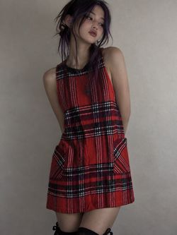 Susina orange red, black, and white plaid mini dress with pockets, size Large Petite