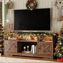 TV Stand for 65 Inch TV, Farmhouse Entertainment Center with Power Outlet & LED Light and Storage Cabinets
