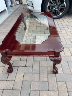 Mahogany Glass Top Coffee Table Carved Legs